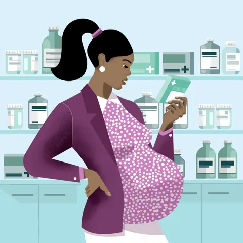 Illustration of a pregnant woman reading the label on a medicinal product.