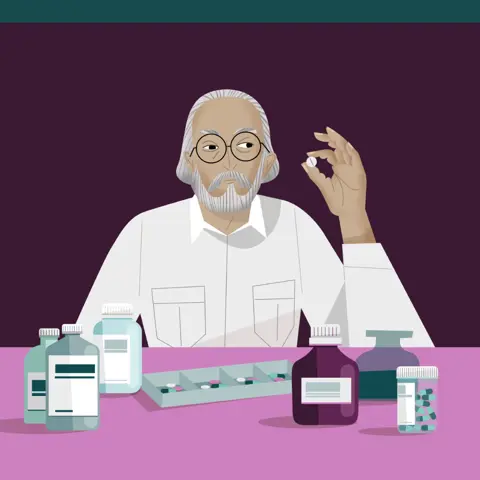 Illustration of an elderly man with his medications. He is holding a pill in his hand, seemingly trying to identify what medication it is. 